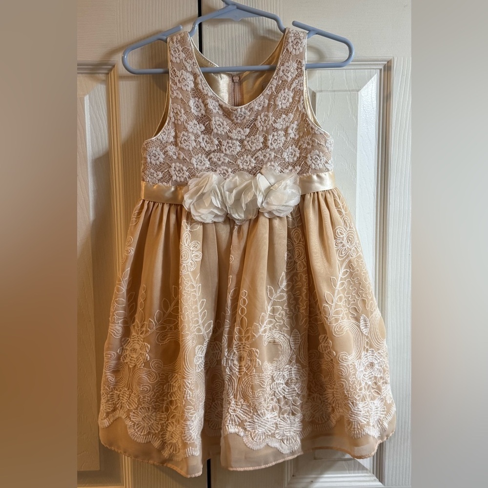 Sweet Heart Rose Floral Lace Kids Dress in Cream and White